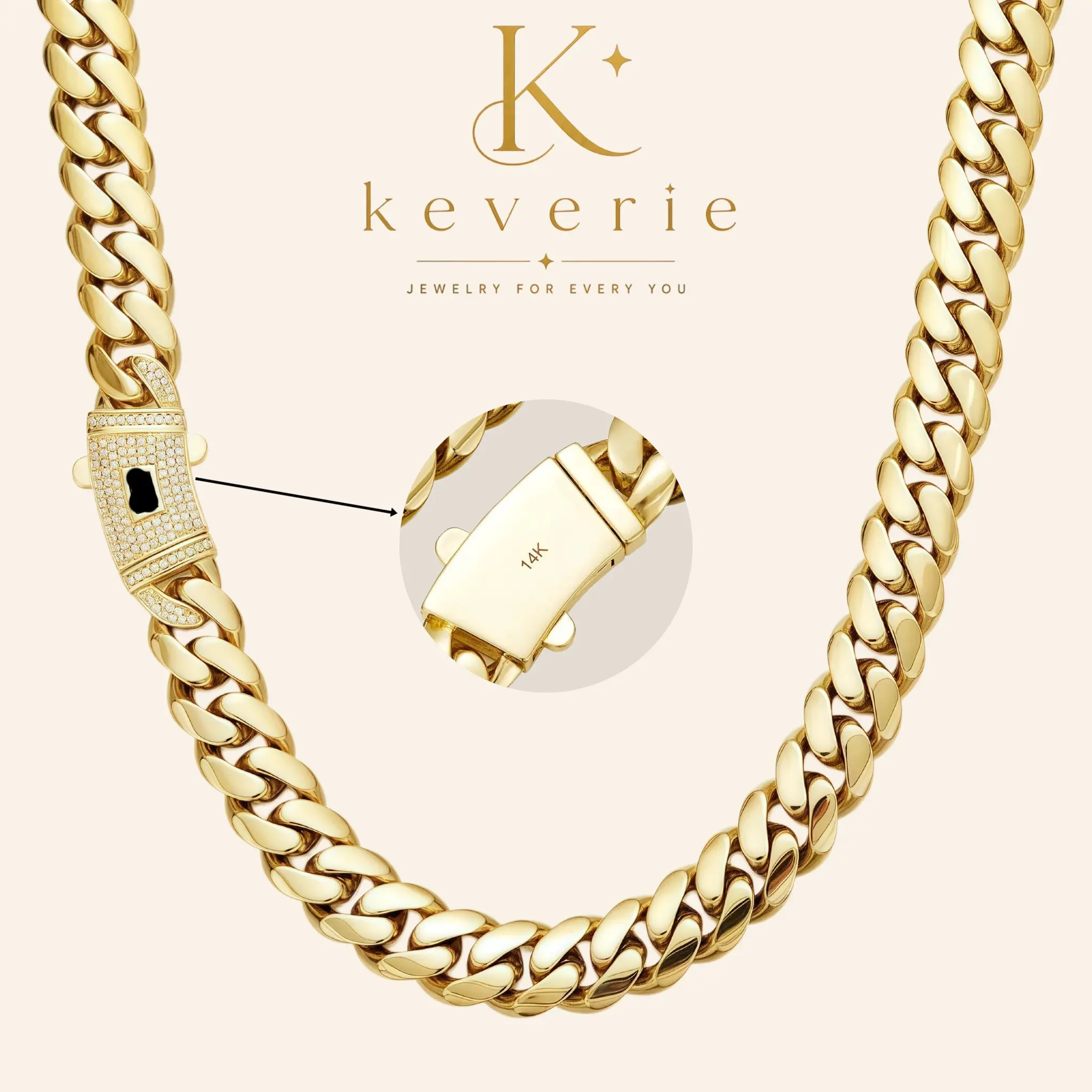KEVERIE 14K Gold-Plated Miami Cuban Necklace, Classic White Stone Inlay, Anti-Rust Tech, Diamond-Studded Clasp, 6/8/10/12/14 Chains, Valentine's Day Gift