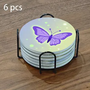 6-piece ceramic coaster set, featuring a purple butterfly design. Heat-resistant and non-slip coasters, essential for home and dining table decoration, practical and elegant beverage mats, and a perfect housewarming gift.