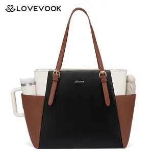LOVEVOOK Work Tote for Women with Large Cup Holder, Multiple Pockets, Adjustable Shoulder Straps – 15.6-Inch Laptop and Tablet Compartment, Practical Chic Commuter and Travel Briefcase, PU Leather
