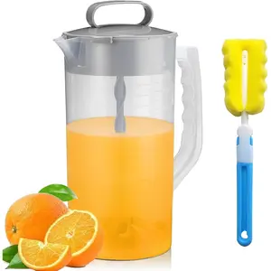 Transparent Drink Mixing Kettle Jug Beverage Dispenser (2.1qt/67.6oz) - Wide Mouth Bottle with Lid, Plastic Blades, Adjustable Mixer Plunger, Clean Sponge Brush, Scale, for Drink Mix, Juice Preparation