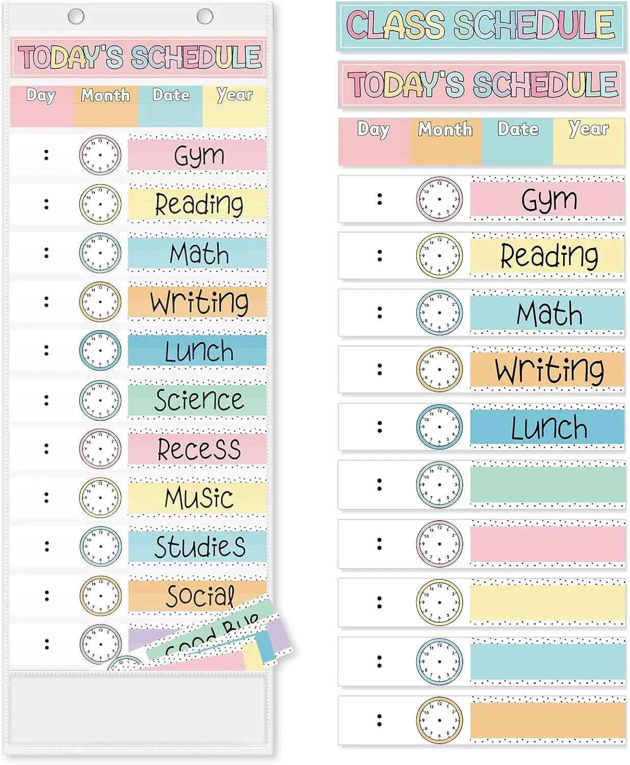 JarThenaAMCS Pastel Daily Schedule Pocket Chart 13 x 35.5 In Colorful 13 + 1 Pocket Visual Schedule Chart Board with 24 Card for Classroom Home Office Supplies