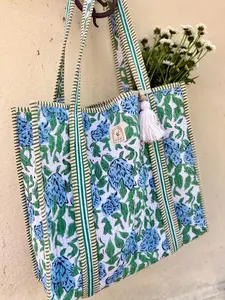 Cotton Quilted Tote Bag Boho Floral Hand Block Printed Shopping Bags Beach Bag Travel and Shoulder Tote Bags Women Gifts Sustainable 100% Cotton Eco-Friendly Hand Wash Only