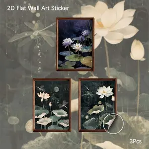 2D Flat Wall Art, Floral Pattern Sticker, 3Pcs PVC Self-Adhesive Wallpaper Sticker, Chinese Style Rainy Lotus Dragonfly Ink Painting Wall Decals, Water Lily Wall Decor for Living Room, Bedroom, Perfect Gift for Art Lovers, Oriental Home Decor Fans