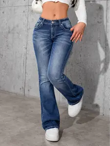 Women's Stretchy Jeans, Womenswear Bottom with Flattering Mid-Rise Fit and Embroidered Back Pockets for a Chic Western-Inspired Look