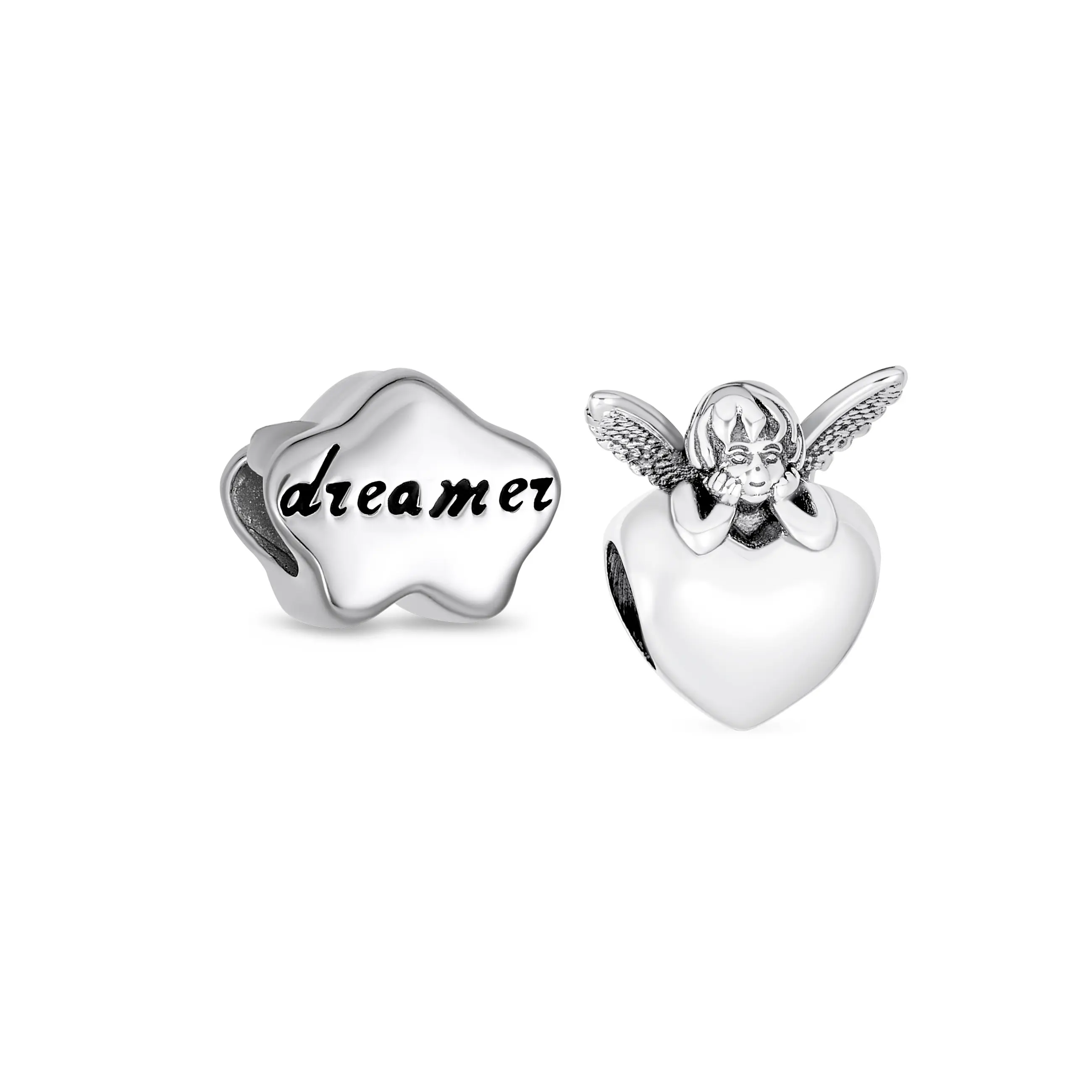 .925 Sterling Silver Guardian Fairy Angel Cherub Wings Heart & Cloud Word Dreamer Charm Bead (Set)