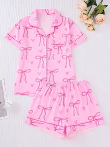 Pink Bow Tie Women's Two Piece Sleepwear Set with Short Sleeves, Elastic Pants & Cardigan for Casual Outdoor Wear