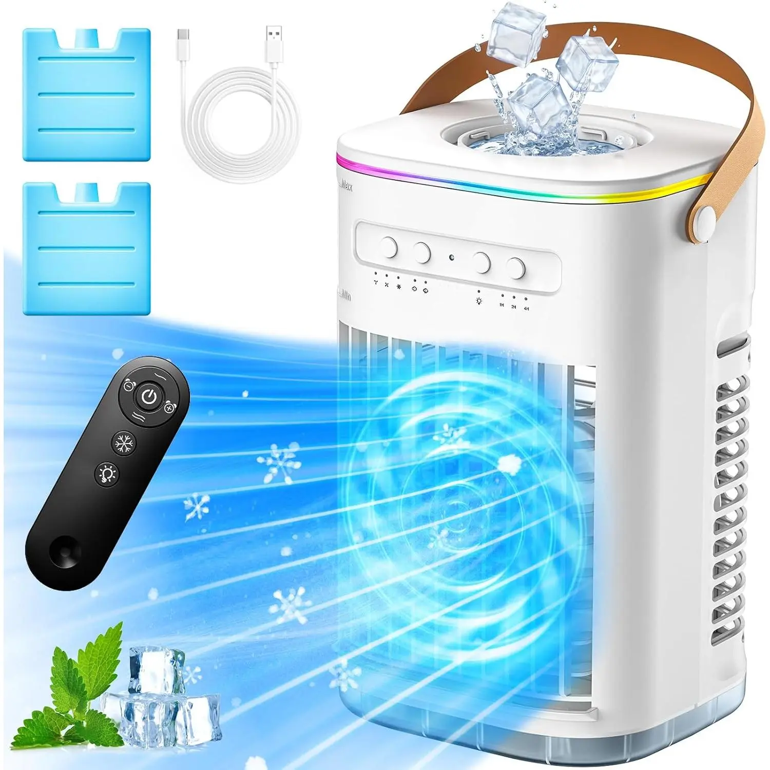 4-in-1 Multifunctional Remote Controlled Air Cooler with Cooling Humidification, 1200ml Water Tank, 7-Hour Auto Off Timer, 3 Speeds, 2 Mist Modes, Color Changing Multicolor Light, Free 2 Ice Packs, 6.2*5.11*8.6in, for Personal Rooms (With Lights), Free Ic