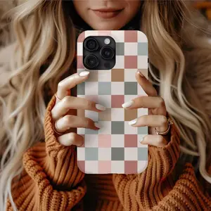 Boho Checkered Cellphone Case - Cute Neutral Polycarbonate-TPU Dual-Layer Protection Cover, Wireless Compatible, Tech Accessory Gift for Her, Phone Accessories for iPhone 12/13/14/15/16 Pro Max/Plus/Mini Smartphone Casing