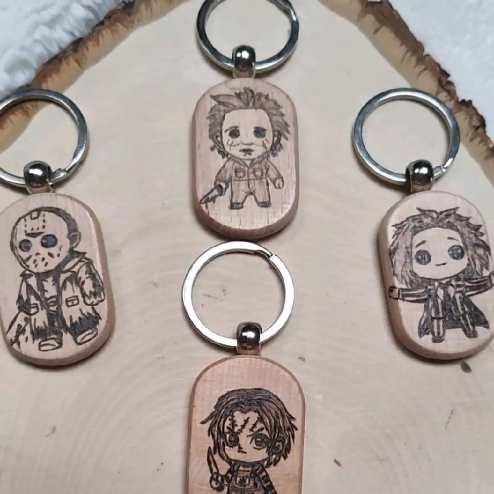 $5 OFF COUPON ONLY 10 AVAILABLE!!!  Buy 4 get one free woth coupon.  Handmade Wooden Keychain with Custom Designs - Choose from 5 Unique Characters - Hand Burned Artwork on Wood - Personalized Key Accessory