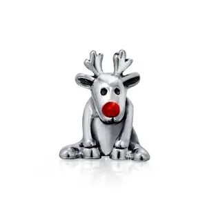 Sterling Silver Caribou Elk Christmas Holiday Rudolph Red Nose Reindeer Charm Bead for Bracelet