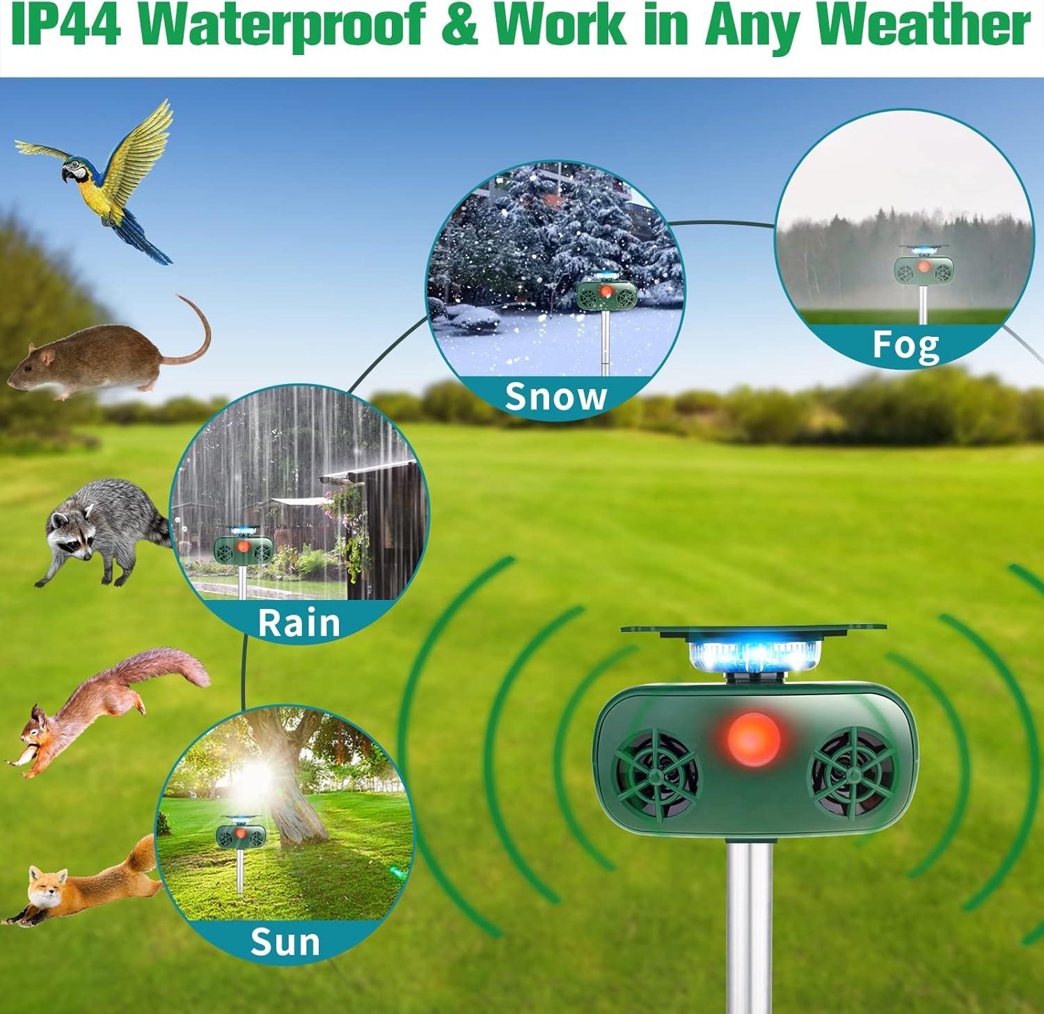 Soundwave technology Animal Repeller, 5 Modes Solar Powered Animal Deterrent with Motion Sensor And Flashing Light Squirrels, Deer Repellent Devices, Rabbit, Fox, Raccoon for Yard Farm Garden