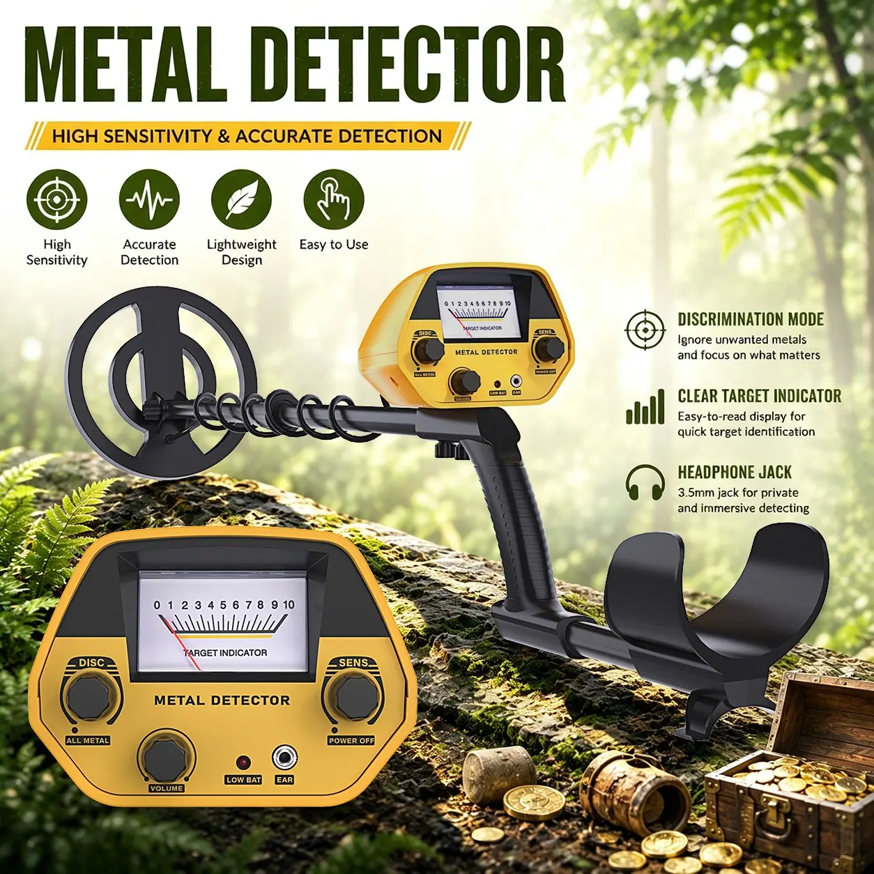 High Sensitivity Metal Detector, Full Metal/idc Detection, Adjustable Modes, High Precision, Portable Treasure Hunting Tool