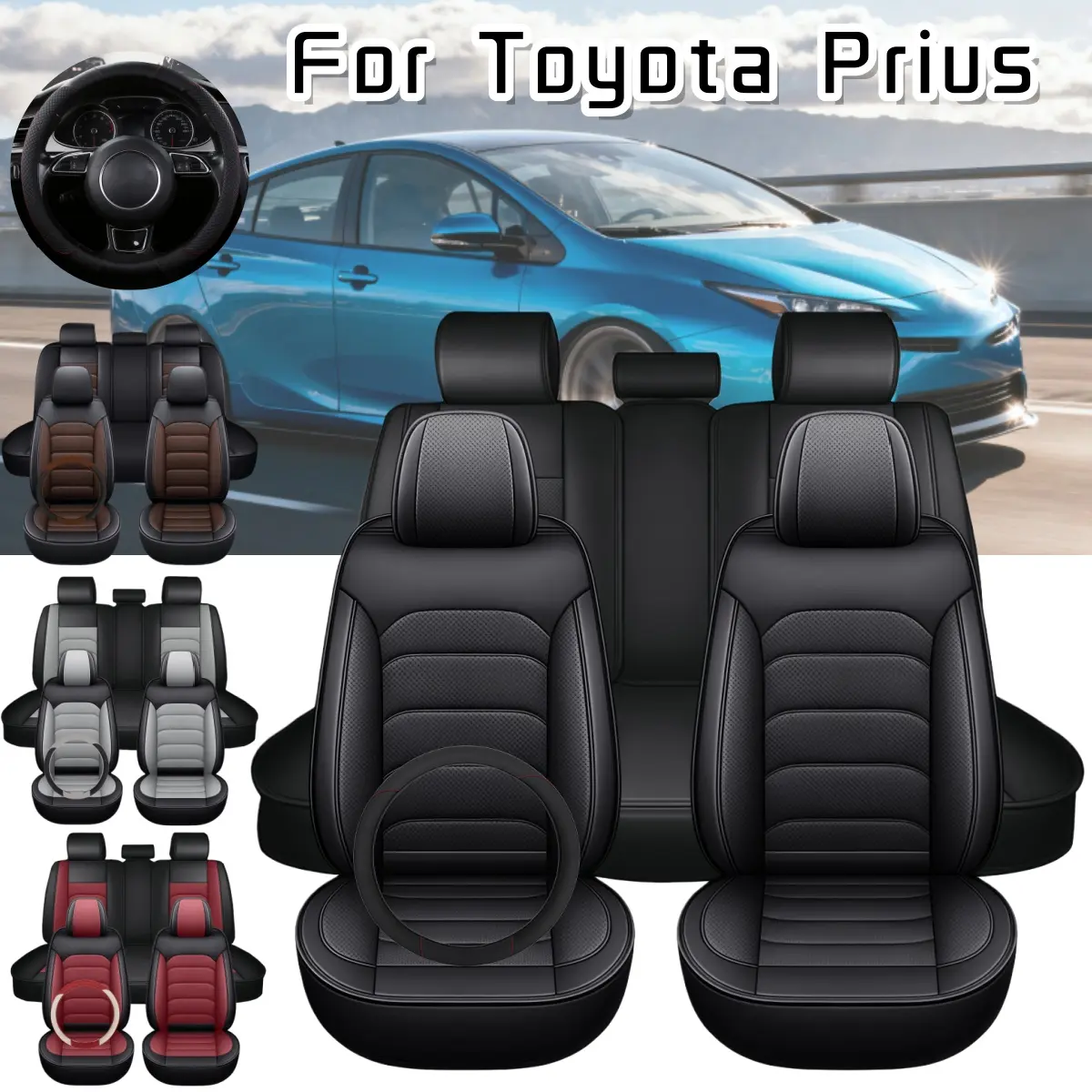 For Toyota Prius 4 Doors 2 Row Car 5 Seat Covers with Steering wheel Cover & Storage Pockets Bag, Waterproof PU Leather Front Rear Cushion Protector Mat Full Set Breathable, Vehicle Interior Decoration Accessories, Cars Accessories, Car Seat Cushion