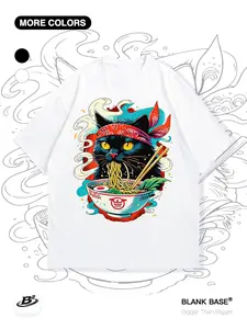 Ukiyo-E Style Cat Eating Ramen Graphic Long Sleeve Top, Loose-Fit Casual Wear, Breathable Unisex Fashion Shirt
