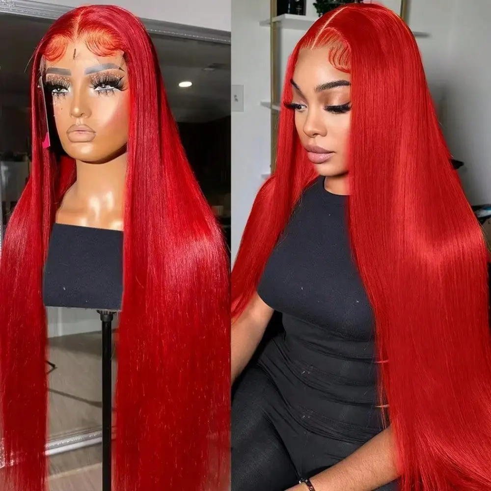 Fire Red 13x4 HD Lace Front Wig with Baby Hair Long Straight Red Synthetic Lace Front Wig for Women Transparent Lace Frontal Wig with Natural Hairline Synthetic Hair Wigs for Cosplay Party Daily Use Mother's Day Gift