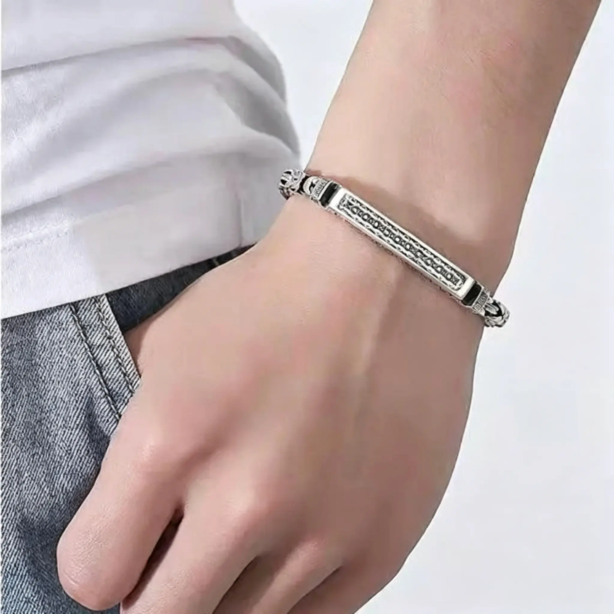 Vintage Engraved Twist Chain Bracelet, S925 Silver Plated Men Wristband, Retro Geometric Pattern Bar Link Bracelet for Biker Hip Hop Daily Wear