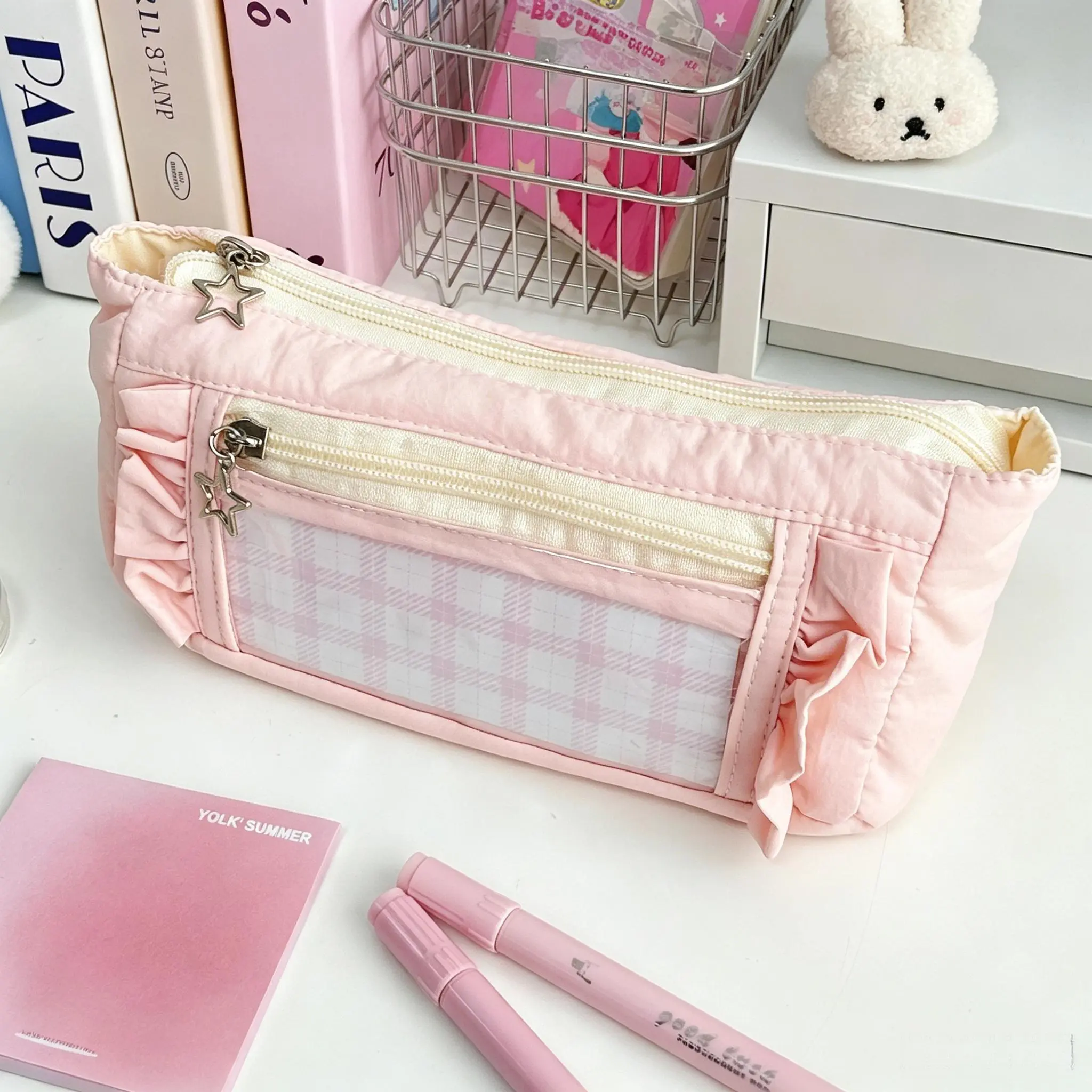 Ruffle Pencil Case with Star Charm, Aesthetic Double Zipper Stationery Pouch, Clear Window Pen Organizer, Kawaii Pastel Plaid Large Capacity Pencil Bag for School Supplies, Desk Storage & Travel Essentials