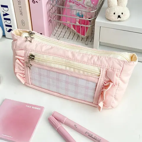 Ruffle Pencil Case with Star Charm, Aesthetic Double Zipper Stationery Pouch, Clear Window Pen Organizer, Kawaii Pastel Plaid Large Capacity Pencil Bag for School Supplies, Desk Storage & Travel Essentials