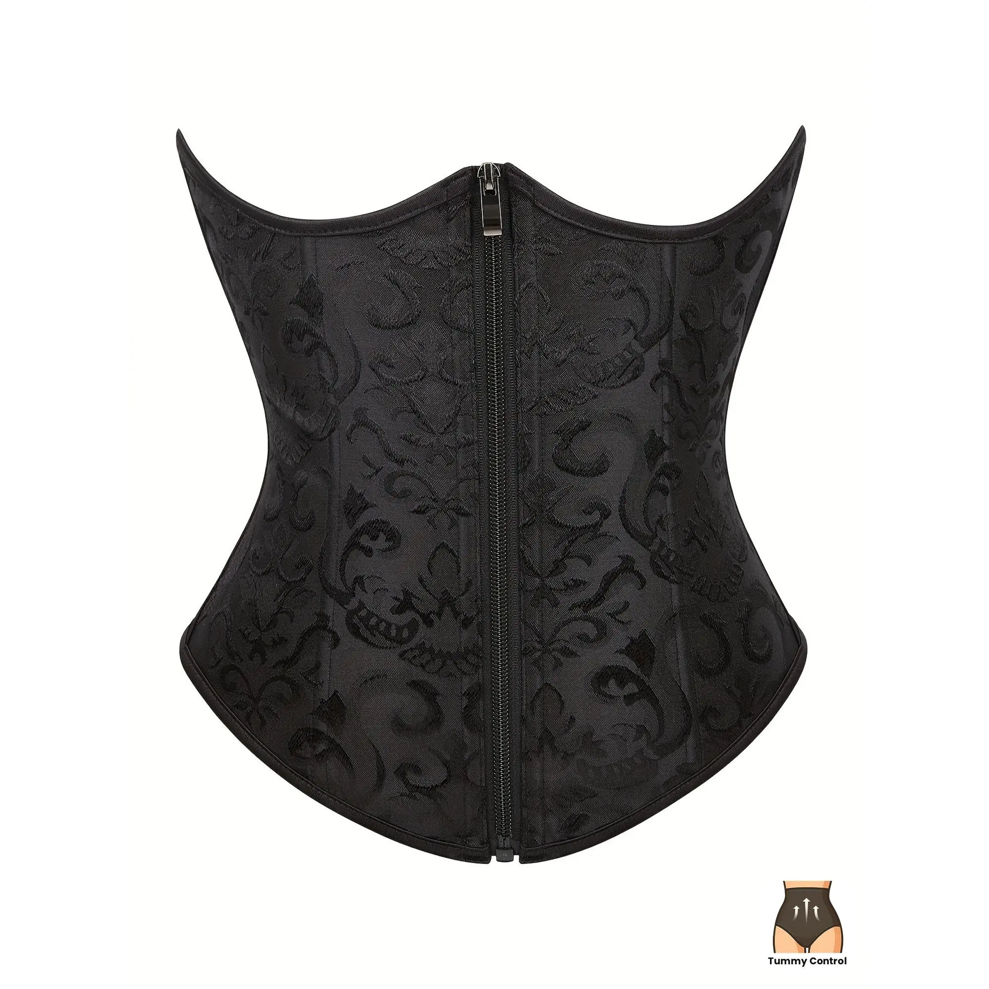 Elegant Black Retro Lace-Up Waist-Cinching Top with Floral Jacquard Design - Front Zipper Tummy Control Shapewear, Breathable Nylon Fabric, Hand Wash Only, Adjustable Compression Garment
