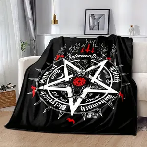 Satanic Sheep Head Print Flannel Blanket - Soft & Warm Red Throw with Pentagram Design, for Office, Camping, Travel - All-Season Cozy Gift Blanket