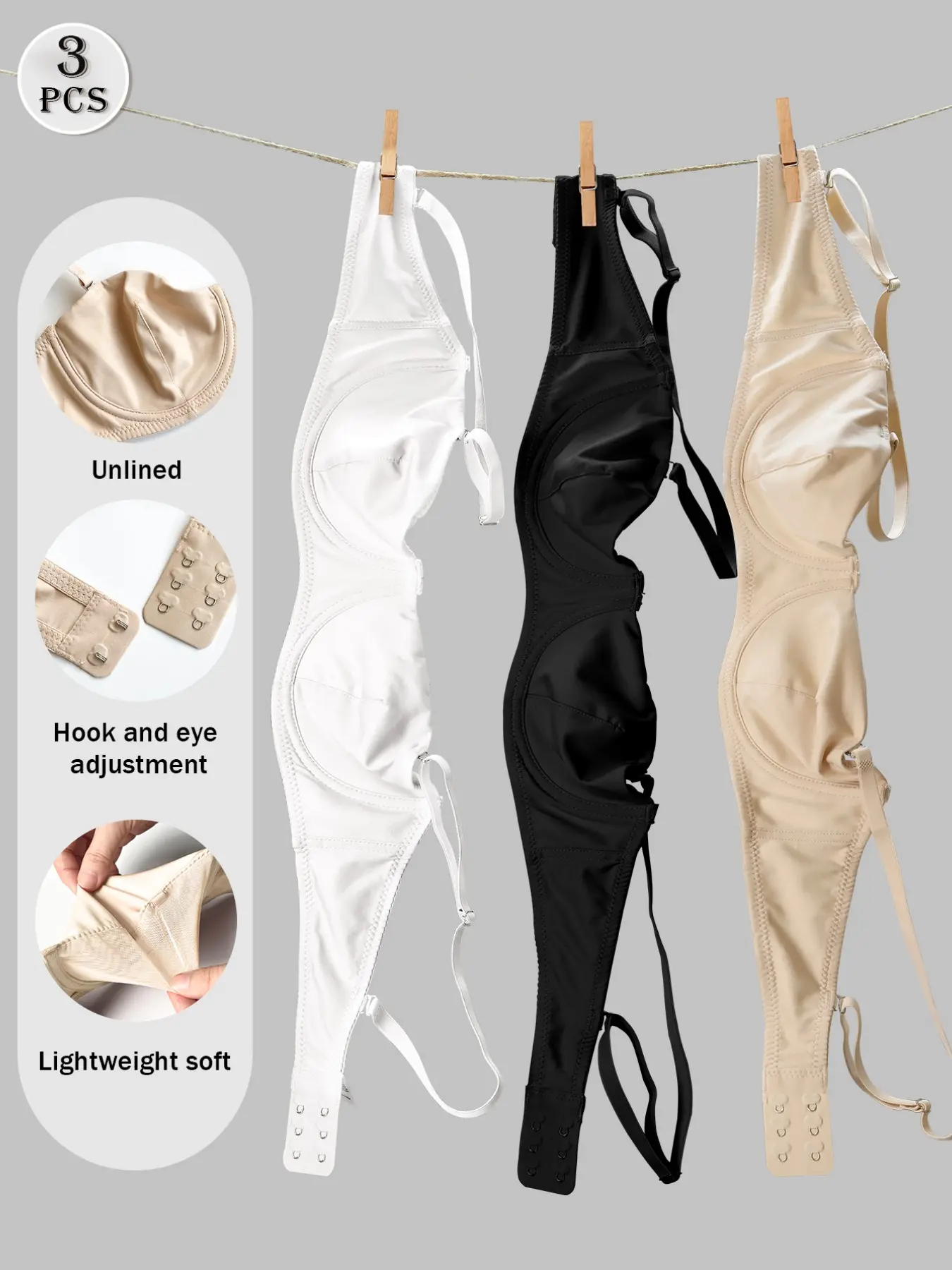 3-Pack Women's Comfort Push Up Bra Smooth Thin Strap Bra, Adjustable Back Buckle Underwear, Fit Minimalist Bra, Adjustable Unlined Bras, Comfy Bras, Lightweight