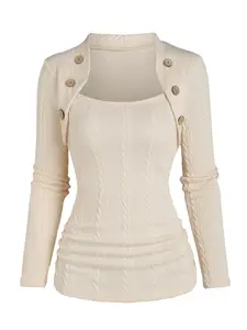 Women's Plain Button Decor Knitted T-shirt Top, Casual Long Sleeve T-shirt for Spring & Fall, Fashion Trend Women's Clothes for Daily Wear, Womenswear, Knitwear, Piece