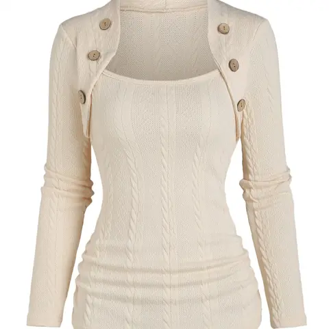 Women's Plain Button Decor Knitted T-shirt Top Fabric, Casual Long Sleeve T-shirt for Spring & Fall, Fashion Trend Women's Clothes for Daily Wear, Womenswear, Knitwear, Piece, Fashion Knitwear Clothing