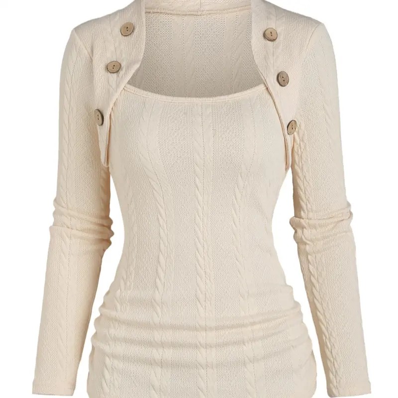 Women's Plain Button Decor Knitted T-shirt Top Fabric, Casual Long Sleeve T-shirt for Spring & Fall, Fashion Trend Women's Clothes for Daily Wear, Womenswear, Knitwear, Piece, Fashion Knitwear Clothing