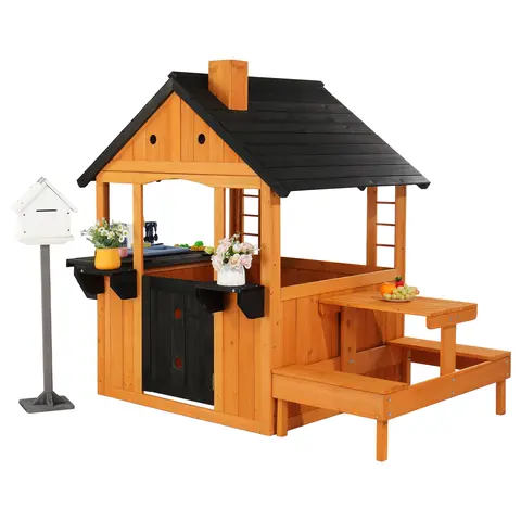 JOYMOR Fir Wood Pretend Playhouse - Outdoor Toddler Playset with Sink Toys, Picnic Table Set, Mailbox, Flowerpot Holders for 3-8 Years/Ages 3-8 Kids’ Imaginative DIY Backyard Fun