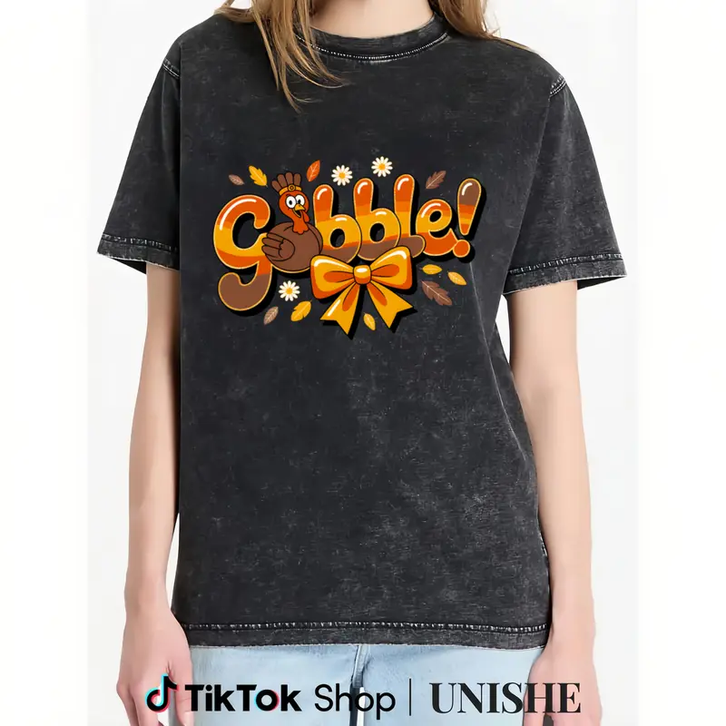 Striped Black Washed Tee with Orange "Gobble!" Slogan and Turkey Illustration