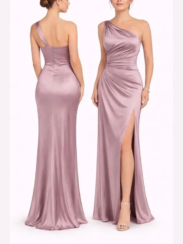 Rosegalette Women's Satin Bodycon Maxi Gown - One-Shoulder, Ruched, Thigh-High Split,Satin Fabulous Dress,Sexy Elegant Solid Formal Dress for Prom, Anniversary, Club (Casual Night Out Option)    backtoschoolshopping Womenswear Basic