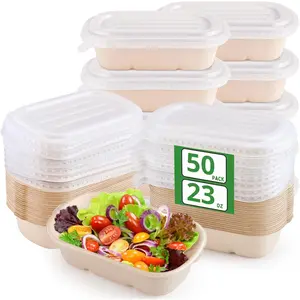 50 Pack Disposable Meal Prep Containers with ,23 Oz Paper Bowls with ,Sugarcane Fiber Paper Bowls,Compostable Take Out  Containers for Salad,Leftovers,Salad,Pasta