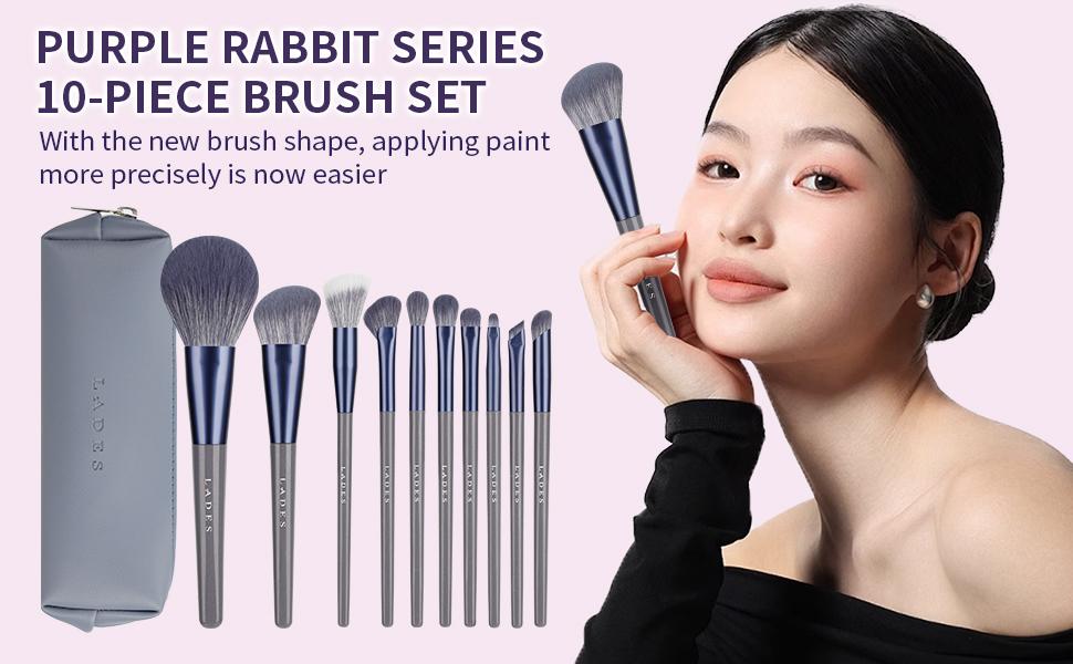 LADES Purple Rabbit MSQ Sub-Brand Makeup Brush Set with 10 Pieces and Gray Case for Professional Application
