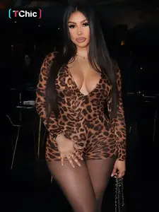 Women's Leopard Print V Neck Long Sleeve Romper, Ladies Spring Fall Winter Party Club Date Holiday Daily Casual One-piece Set Shorts Jumpsuits Playsuits For Everyday Wear