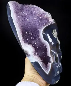 Amazing 6.3" Agate Amethyst Geode Carved Crystal Half Face Skull Sculpture, Crystal Healing