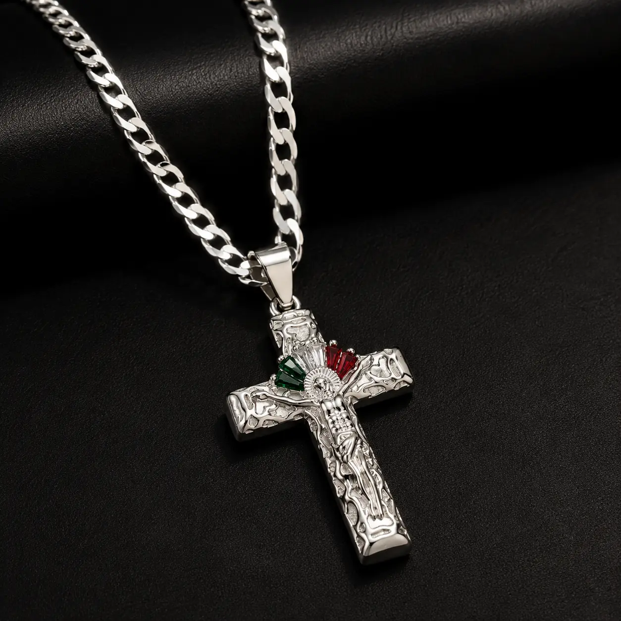 925 Silver-Plated Mexican Flag Crucifix Pendant with Zirconia Accent, 24" Flat Cuban Chain, 24" Chain 925 Silver-Plated Mexican Flag Crucifix Pendant with Zirconia Accent, 24" Flat Cuban Chain, 24" Chain