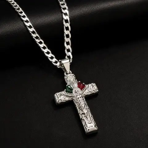 Unisex 925 Silver-Plated Mexican Flag Religious Cross Pendant with Zirconia Accent, 24" Flat Cuban Chain Fashion Necklace, Daily Wear Silver Jewelry Accessory, 24" Chain
