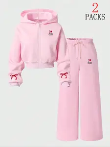 Women's Zip Hoodie Set, Casual Sporty with Butterfly Knot Pattern, Vintage Style, Perfect for Daily Wear, Camping, School