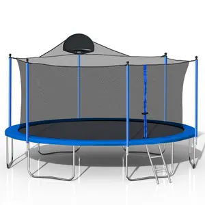 14FT Trampoline for Adults & Kids with Basketball Hoop, Outdoor Trampolines with Ladder & Safety Enclosure Net, Double-Side Color Cover