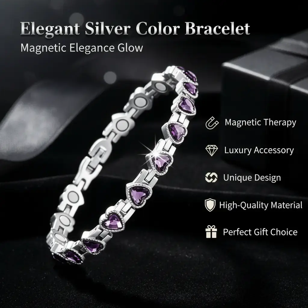 Women's Elegant Bracelet - Silver Titanium Steel Magnetic Bracelet, Purple Crystal Bracelet, Contains Neodymium Magnets, Crystal-Style Fashion Jewelry Gift
