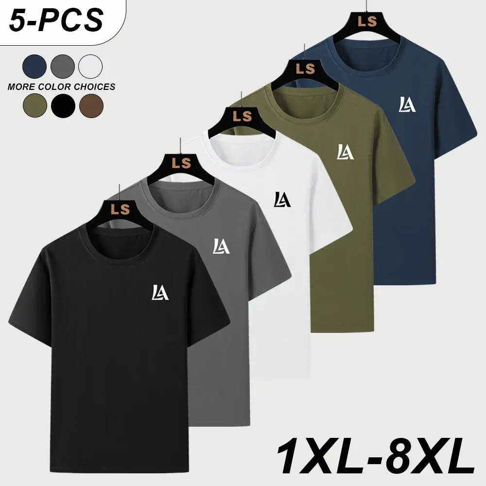 1XL–8XL 5-Pack Plus Size Men’s Loose Casual Short Sleeve T-Shirts, Classic Crew Neck Printed Short Sleeves, Comfortable Breathable Solid Color Simple Versatile Short Sleeves, Suitable for Home Lounging, Daily Commuting, Outdoor Sports Essential
