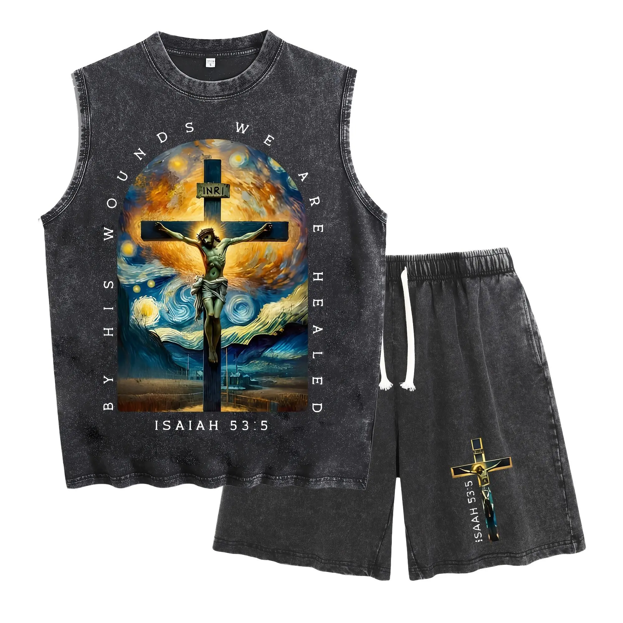 By His Wounds We Are Healed Isaiah 53:5 Van Gogh Starry Night Jesus Crucifix Print Vintage Washed Tank Top Matching Shorts Christian Art Summer Casual Two Piece Loungewear Outfit