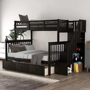 Stairway Bunk Bed Twin Over Full Bunk Bed with Stairs and Storage Drawers, Hardwood Stairway Bunk Bed Frame for Teens Adults, Bedroom, Dorm