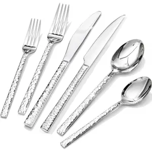 24 count Silverware Set with Steak , Hammered Silverware Set for 4, 18/10 Stainless Steel Flatware, Cutlery Set for , Party, Wedding, Mirror Polished Dishwasher Safe