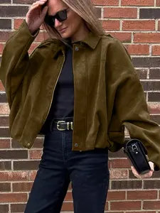 Women's Faux Suede Jacket, Spring Turn-Down Collar Pilot Coat, Casual Loose Fit, Fashion Street Style Outerwear