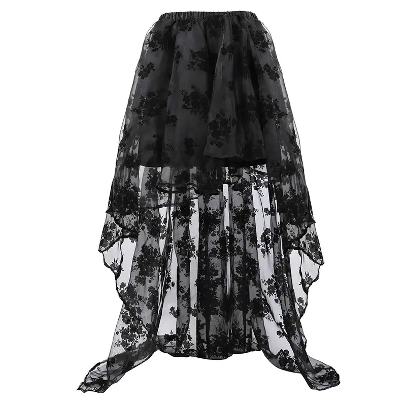 Women's Plus Size 2-Piece Black Steampunk Victorian Ruffle Detail Floral Corset Dress & Skirt Set - Elegant Alt Garments, All Seasons Curvy Christmas Easter Event Costumes 7020-D1