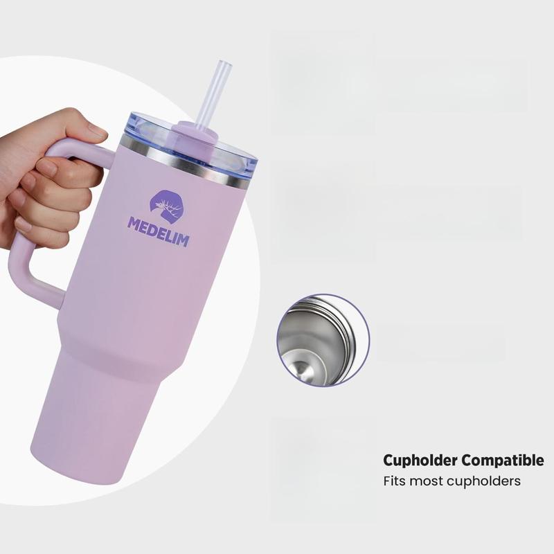 Medelim FlowCup Tumbler 40 Oz Insulated Stainless Steel Light Purple Travel Mug with Handle & Reusable Straw Leak-Proof Lid Car Cup Holder Compatible BPA-Free
