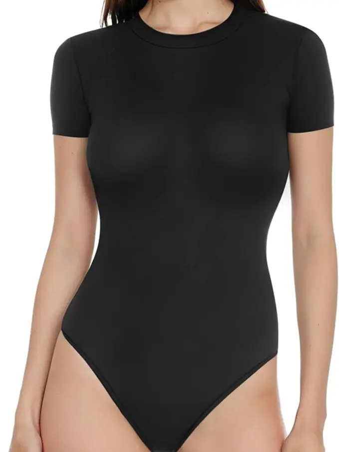 Women's Bodysuits Sexy Double-Lined Crew Neck Short Sleeve Thong Bodysuit - Perfect for Going Out Comfort Fabric Womenswear
