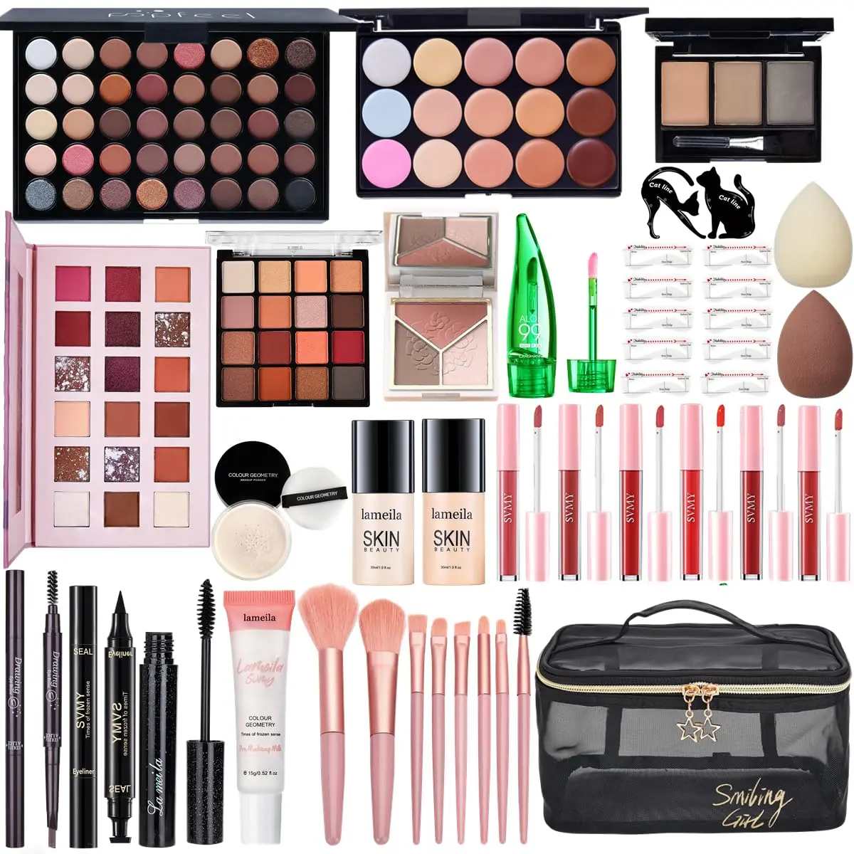Women's All-in-1 Complete Makeup Gift Kit - Gel, Waterproof, Durable, Flawless Coverage with Foundation, Face Primer, Eyeshadow Palette, Contour Palette, Lipstick, Eyeliner, Mascara, Cosmetic Brush Set, Concealer for Daily Use, Cream Base Gentle
