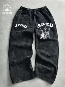 Men's Trace Cotton Long Pants, Angel Wings Cross Design, Super Soft Comfortable, Fall & Winter Casual Wear, Casual Lounge Pants, Loose-Fitting